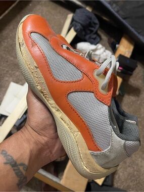 Prada Men's Orange and Gray Leather-Trim Sneakers